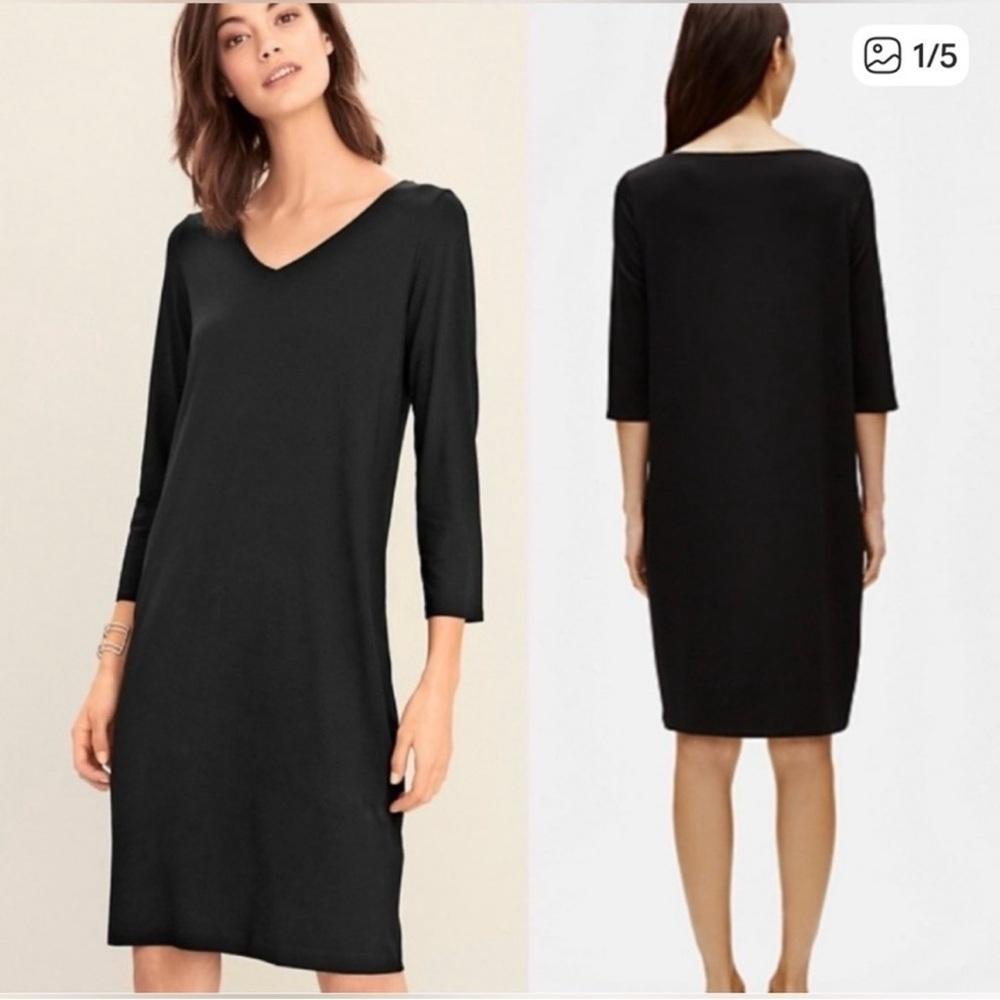 EUC - Eileen Fisher Fine Tencel Jersey V-Neck Three-Quarter Sleeve Dress - L